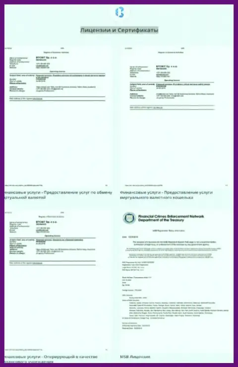 Лицензионные документы и сертификаты организации BTCBit Net