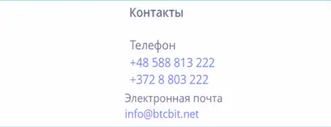Номера телефонов и электронная почта online-обменки BTCBit Sp. z.o.o.