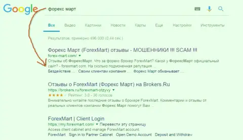 В Гугл обстановка более критичная, обманщики из Форекс Март (их официальный сайт) на третьей строке